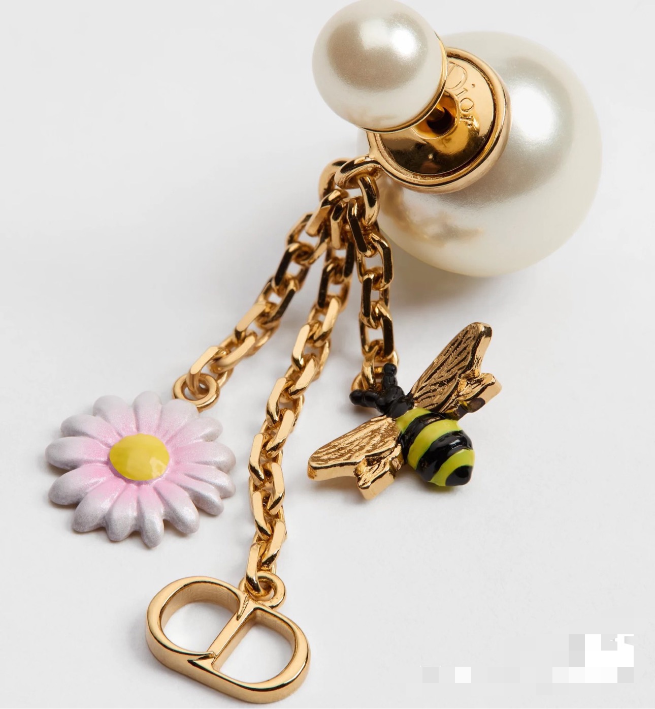 Dior Tribales Bee Daisy CD Charm Earrings earrings Gold-tone metal white resin pearls pink and white enamel daisies with yellow centers black and yellow enamel bees One Size drop length approximately 4 5cm