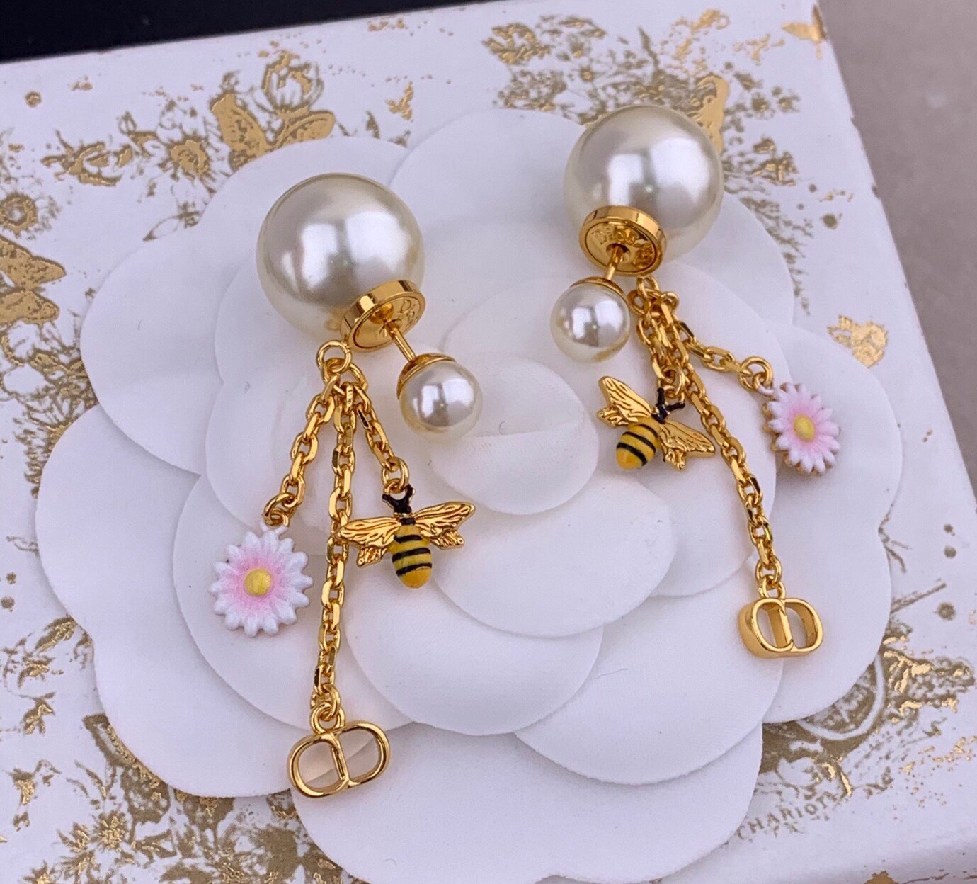 Dior Tribales Bee Daisy CD Charm Earrings earrings Gold-tone metal white resin pearls pink and white enamel daisies with yellow centers black and yellow enamel bees One Size drop length approximately 4 5cm
