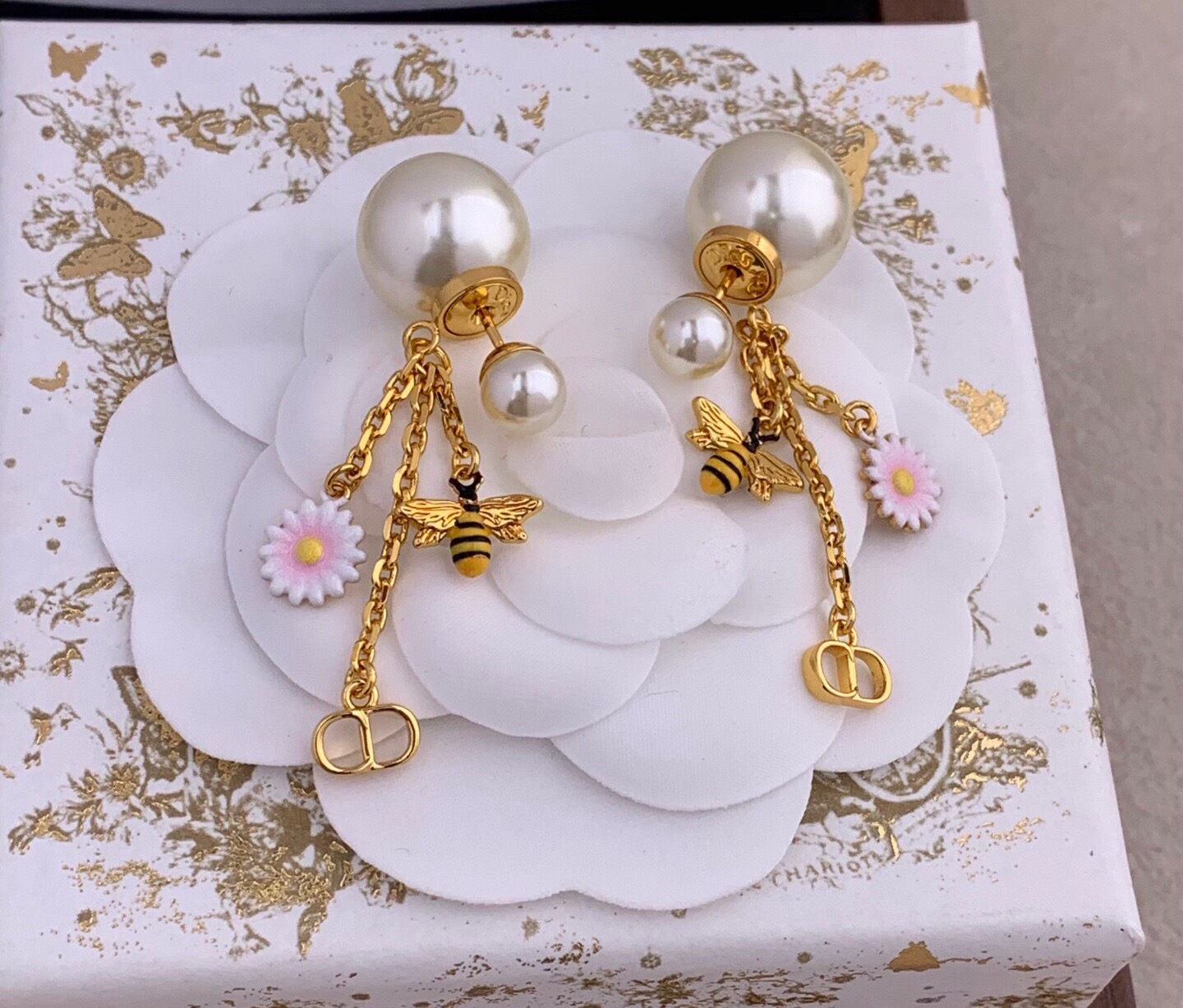 Dior Tribales Bee Daisy CD Charm Earrings earrings Gold-tone metal white resin pearls pink and white enamel daisies with yellow centers black and yellow enamel bees One Size drop length approximately 4 5cm