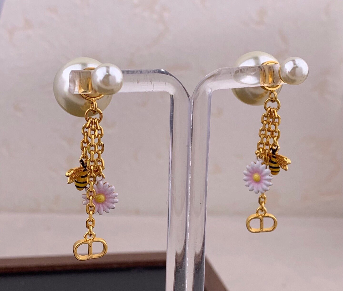 Dior Tribales Bee Daisy CD Charm Earrings earrings Gold-tone metal white resin pearls pink and white enamel daisies with yellow centers black and yellow enamel bees One Size drop length approximately 4 5cm