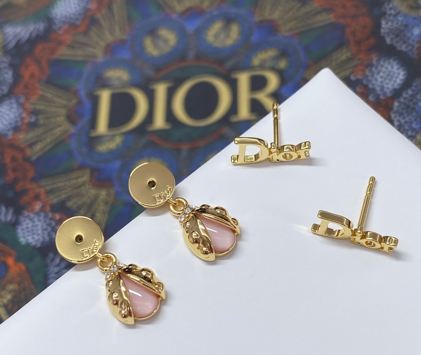 Dior Dior Logo Ladybug Drop Earrings earrings Gold-tone metal with pink cabochon and clear crystal accents One Size post stud drop length approx 1 5cm