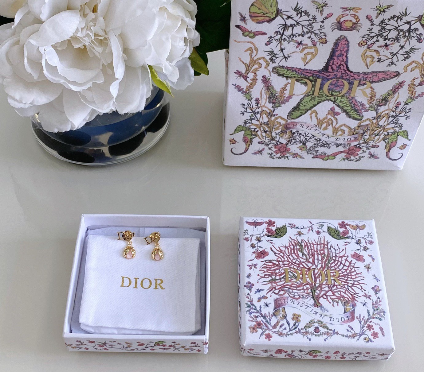 Dior Dior Logo Ladybug Drop Earrings earrings Gold-tone metal with pink cabochon and clear crystal accents One Size post stud drop length approx 1 5cm