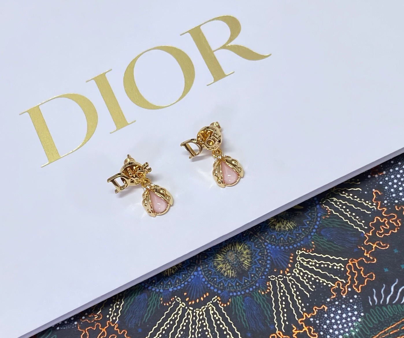 Dior Dior Logo Ladybug Drop Earrings earrings Gold-tone metal with pink cabochon and clear crystal accents One Size post stud drop length approx 1 5cm