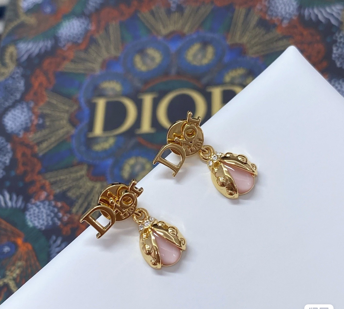 Dior Dior Logo Ladybug Drop Earrings earrings Gold-tone metal with pink cabochon and clear crystal accents One Size post stud drop length approx 1 5cm