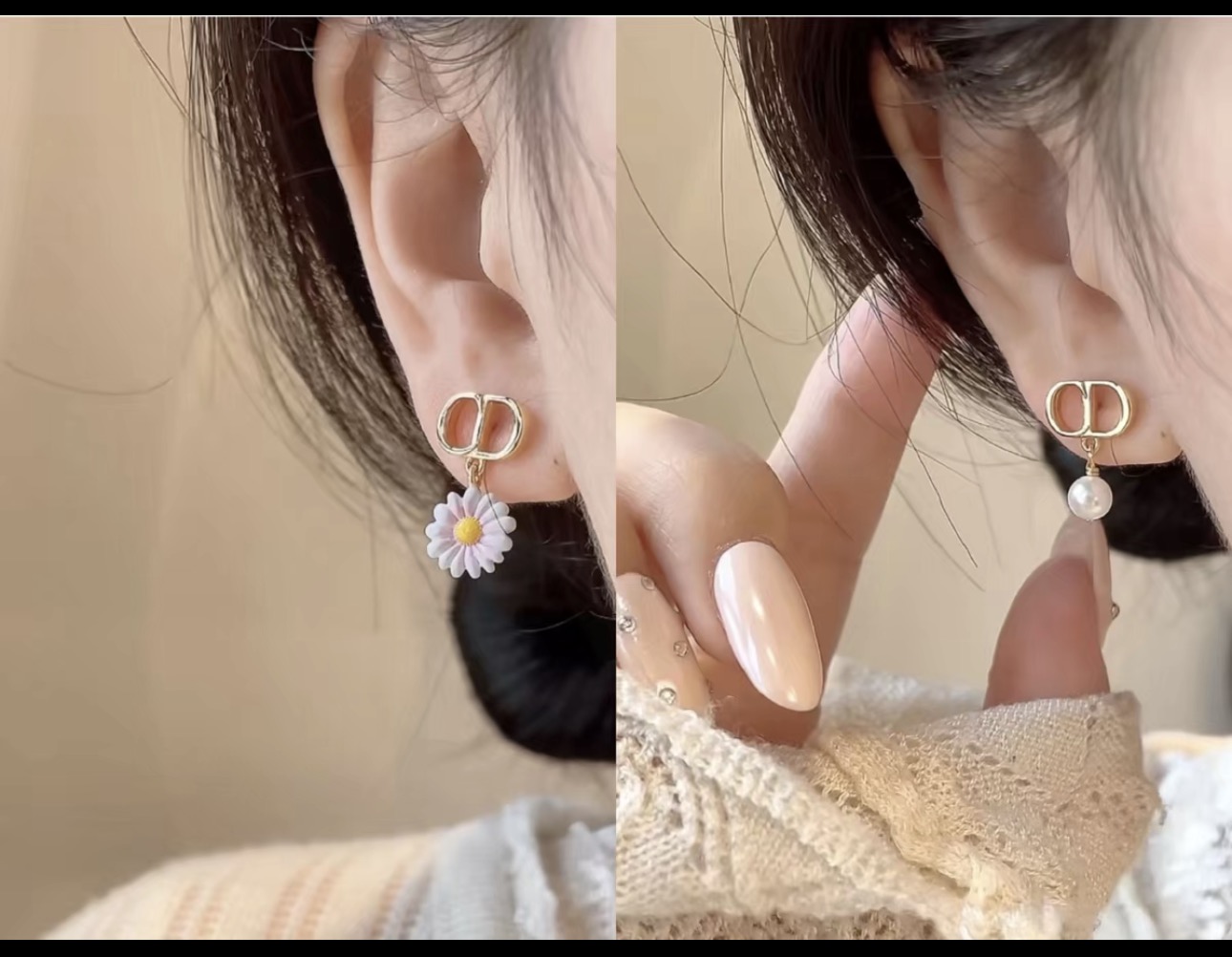 Dior CD Daisy Pearl Asymmetric Earrings earrings Gold-tone metal white resin pearl white-pink enamel daisy with yellow enamel center One Size drop length approx 1 5cm