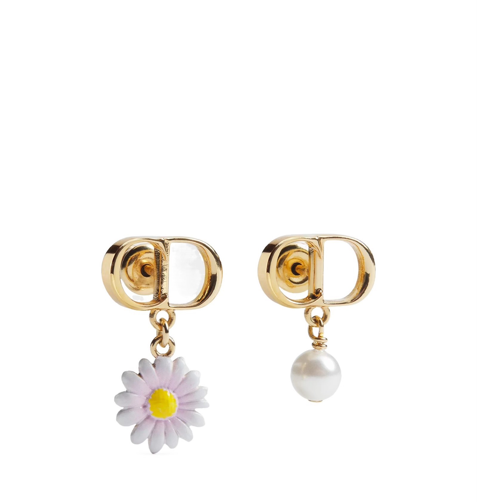 Dior CD Daisy Pearl Asymmetric Earrings earrings Gold-tone metal white resin pearl white-pink enamel daisy with yellow enamel center One Size drop length approx 1 5cm