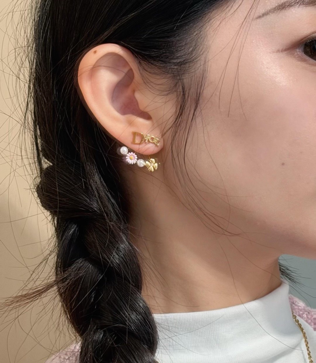 Dior Dio r evolution Daisy Clover Ear Jacket earrings Gold-tone metal white faux pearls pink and white enamel daisy with yellow center clear crystal accent on clover charm One Size post style 1 8cm drop length