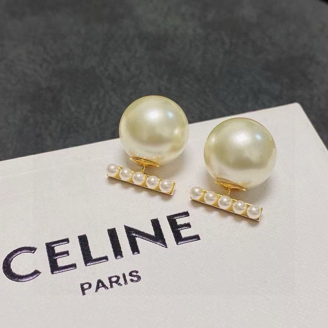 Celine Logo Bar Pearl Double Sided Earrings earrings Gold-tone metal with cream white pearls One Size 2cm bar length 1 5cm large pearl diameter