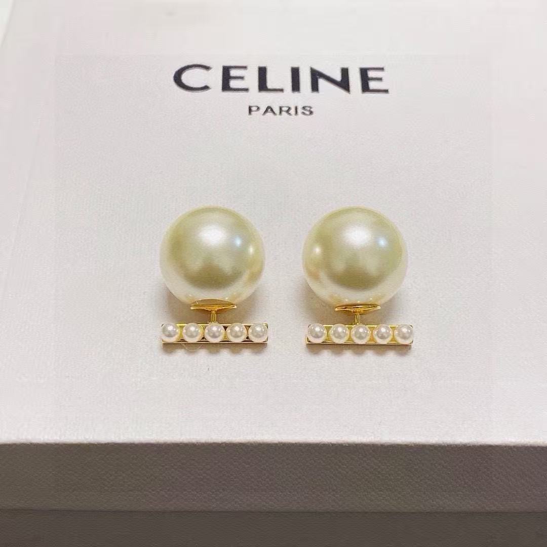 Celine Logo Bar Pearl Double Sided Earrings earrings Gold-tone metal with cream white pearls One Size 2cm bar length 1 5cm large pearl diameter
