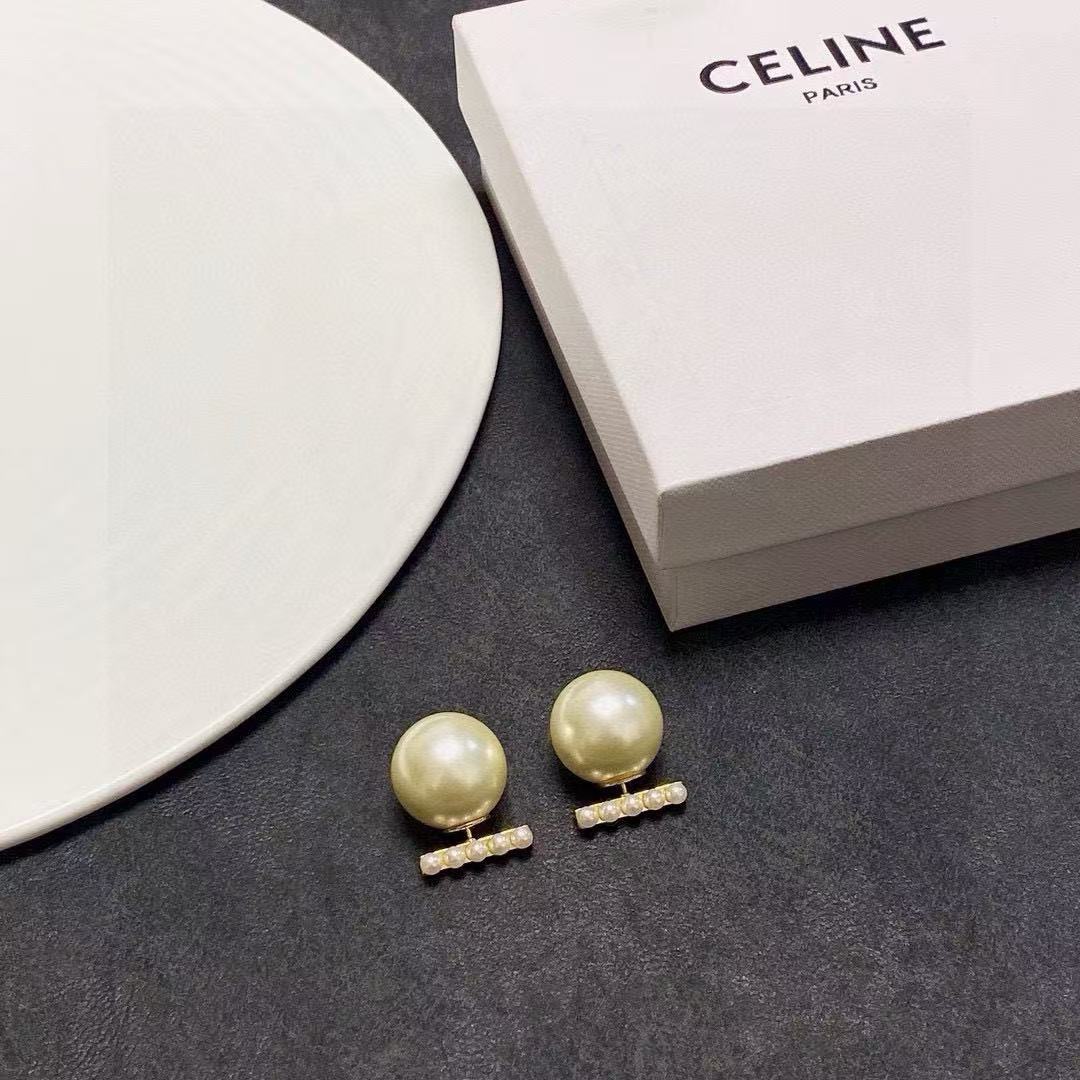 Celine Logo Bar Pearl Double Sided Earrings earrings Gold-tone metal with cream white pearls One Size 2cm bar length 1 5cm large pearl diameter