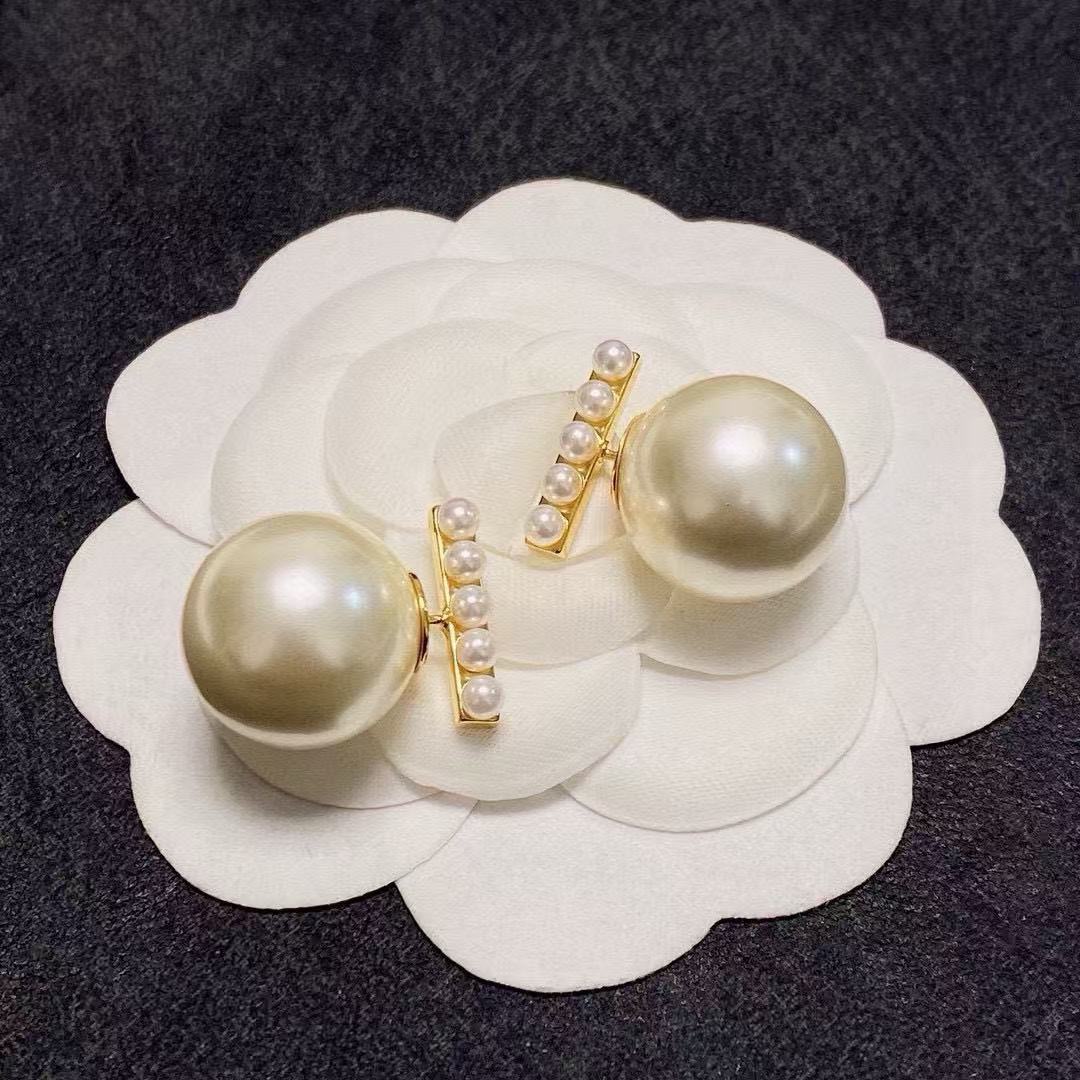 Celine Logo Bar Pearl Double Sided Earrings earrings Gold-tone metal with cream white pearls One Size 2cm bar length 1 5cm large pearl diameter