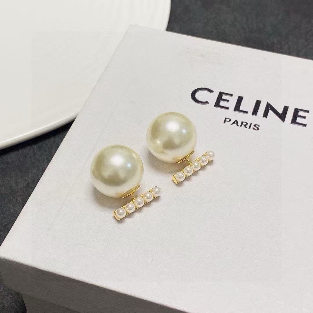Celine Logo Bar Pearl Double Sided Earrings earrings Gold-tone metal with cream white pearls One Size 2cm bar length 1 5cm large pearl diameter