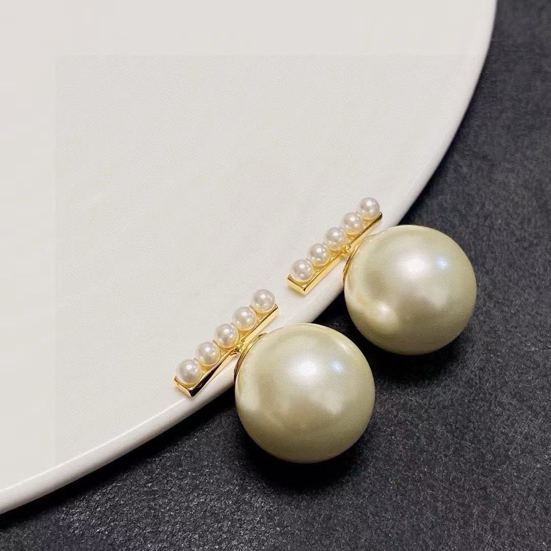 Celine Logo Bar Pearl Double Sided Earrings earrings Gold-tone metal with cream white pearls One Size 2cm bar length 1 5cm large pearl diameter