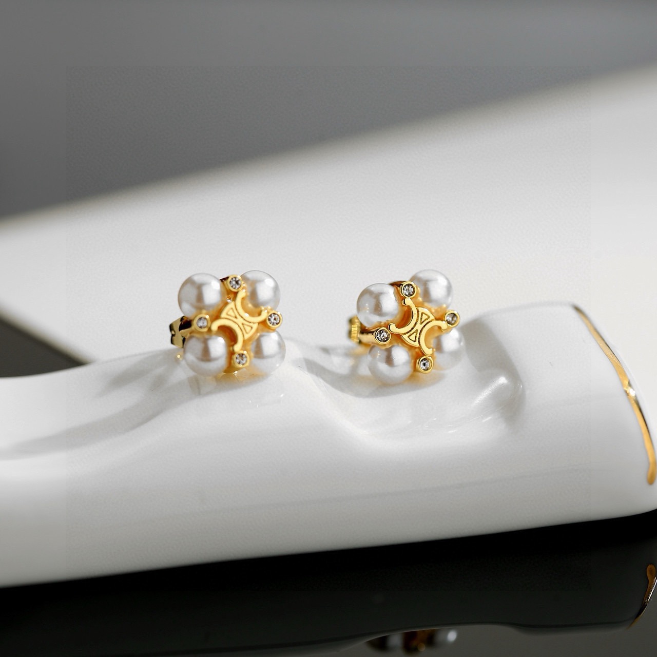Celine Triomphe Pearl Cluster Stud Earrings earrings gold-tone metal white pearls clear crystal accents 10mm stud diameter