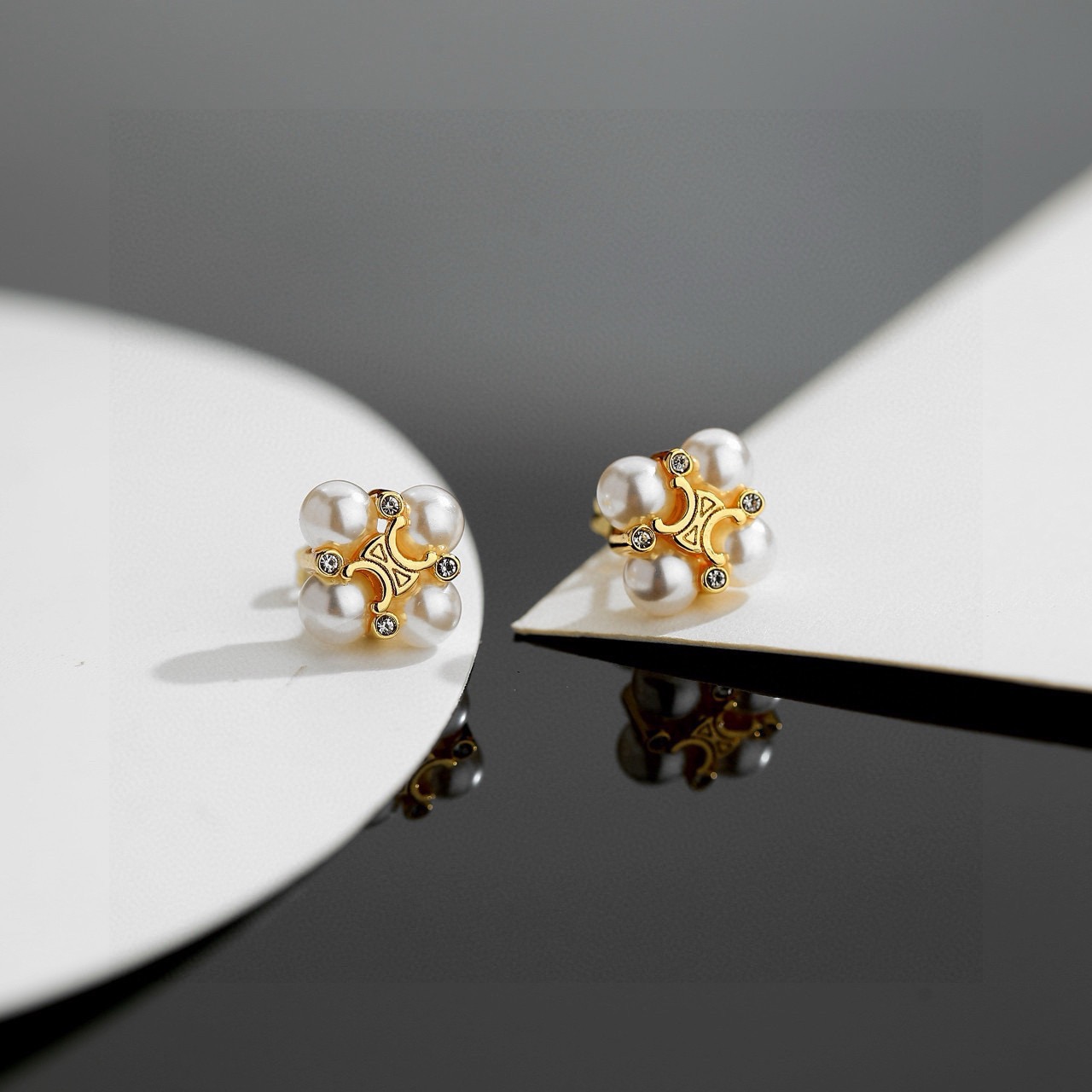 Celine Triomphe Pearl Cluster Stud Earrings earrings gold-tone metal white pearls clear crystal accents 10mm stud diameter