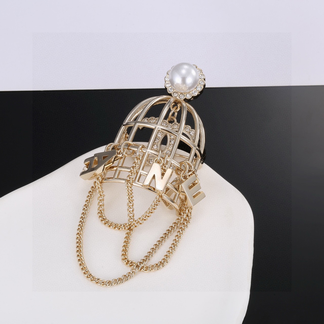 Chanel C Logo Birdcage Letter Charm Collection brooch light gold metal white faux pearl clear crystal 6cm