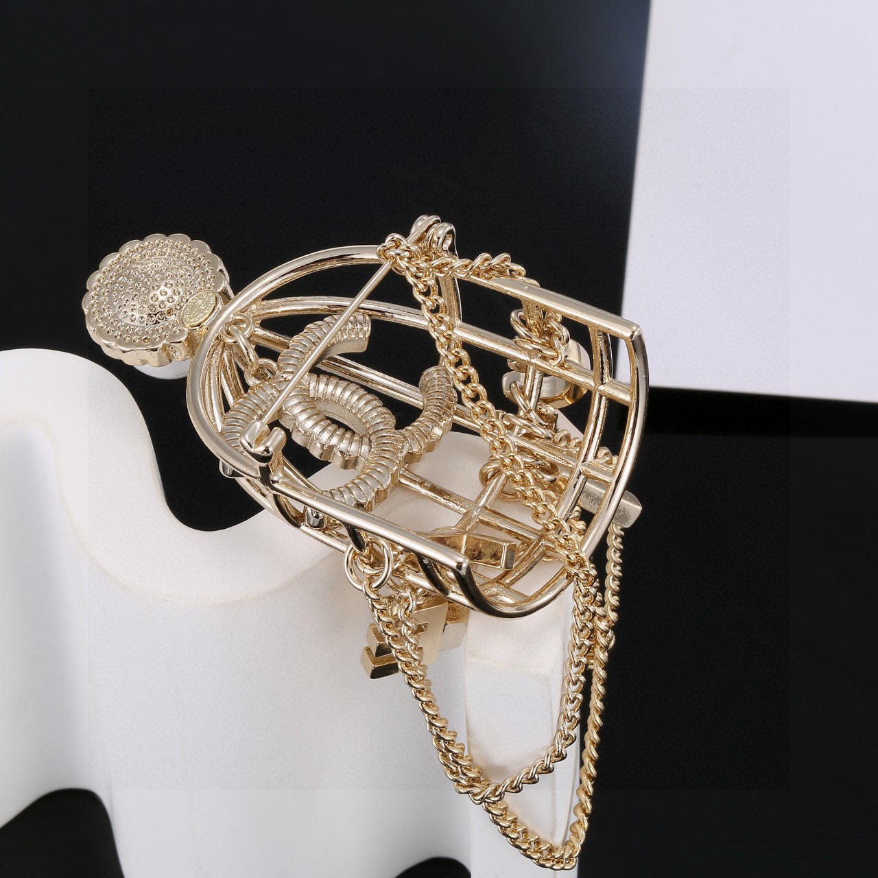 Chanel C Logo Birdcage Letter Charm Collection brooch light gold metal white faux pearl clear crystal 6cm