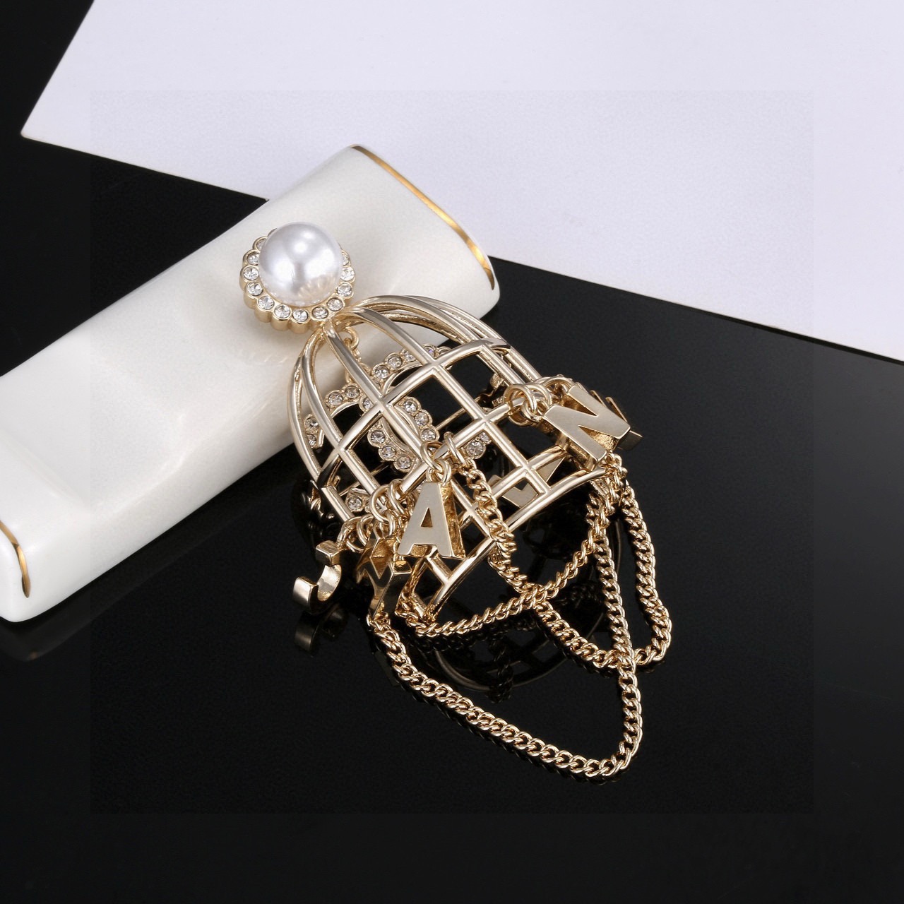 Chanel C Logo Birdcage Letter Charm Collection brooch light gold metal white faux pearl clear crystal 6cm