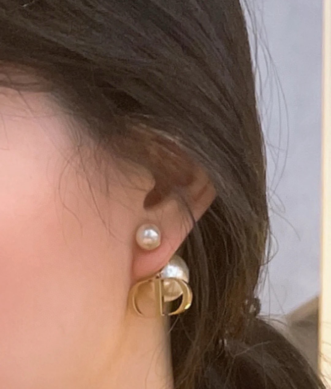 Dior Tribales CD Logo Pearl Earrings earrings Antique gold-tone metal white resin pearls 1 5cm diameter front pearl 1 2cm length CD charm