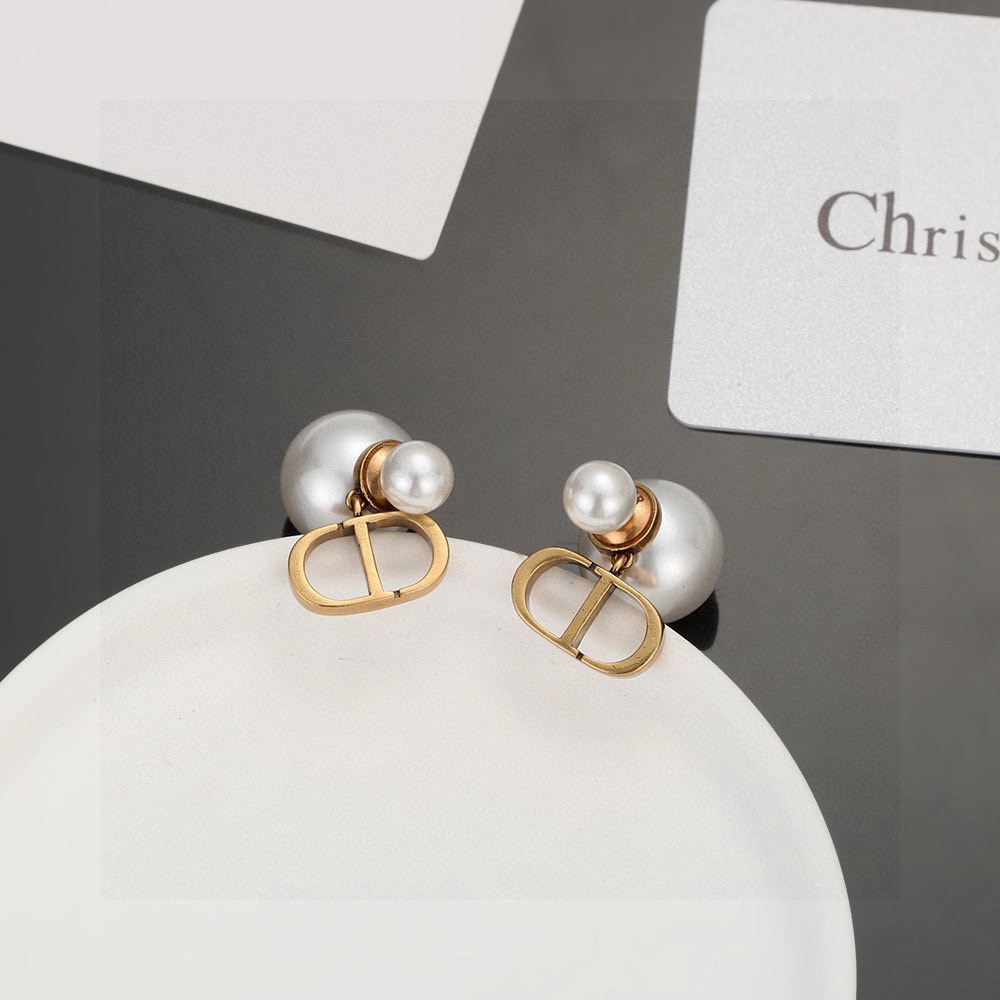 Dior Tribales CD Logo Pearl Earrings earrings Antique gold-tone metal white resin pearls 1 5cm diameter front pearl 1 2cm length CD charm