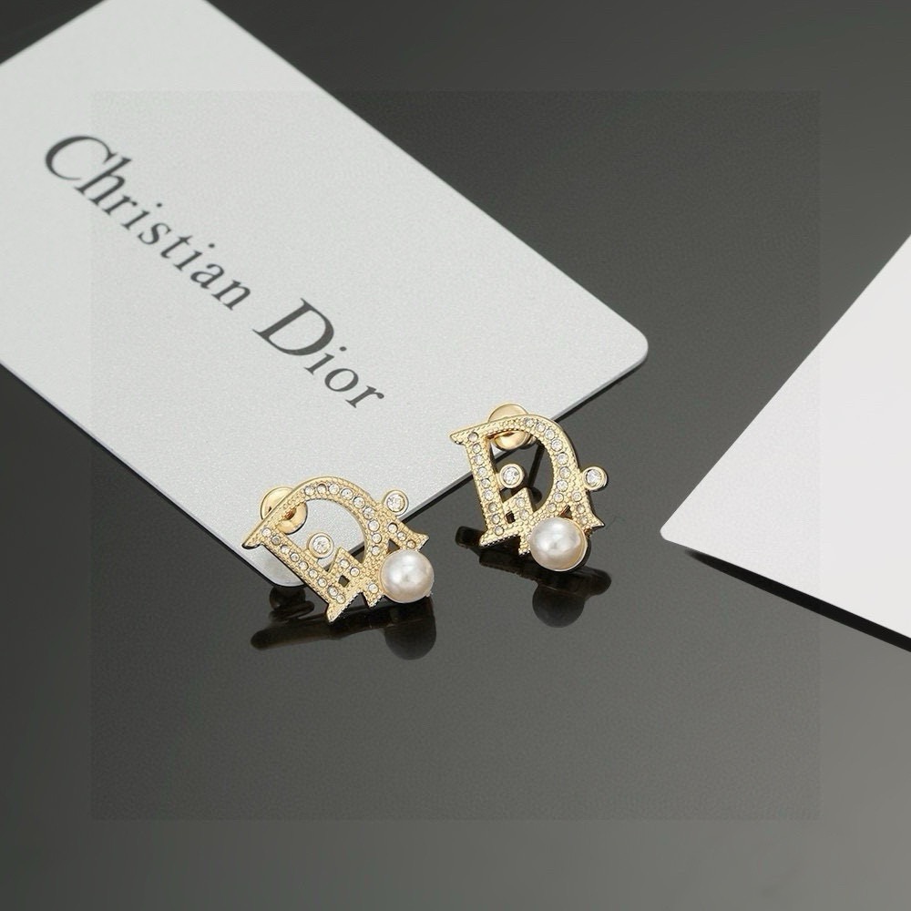 Dior CD Logo Pearl Crystal Stud Earrings earrings gold-tone metal clear crystal white pearl 1 5cm x 1 2cm