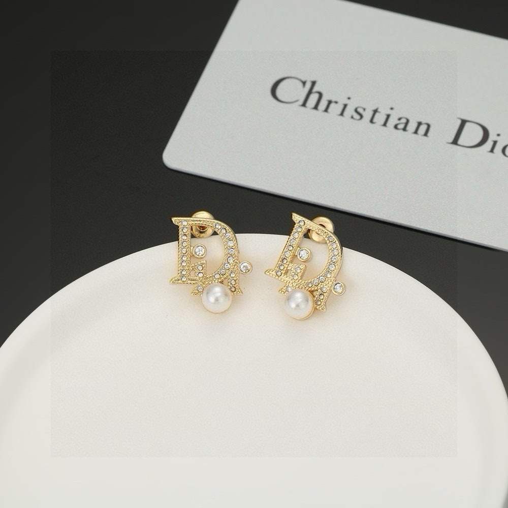Dior CD Logo Pearl Crystal Stud Earrings earrings gold-tone metal clear crystal white pearl 1 5cm x 1 2cm