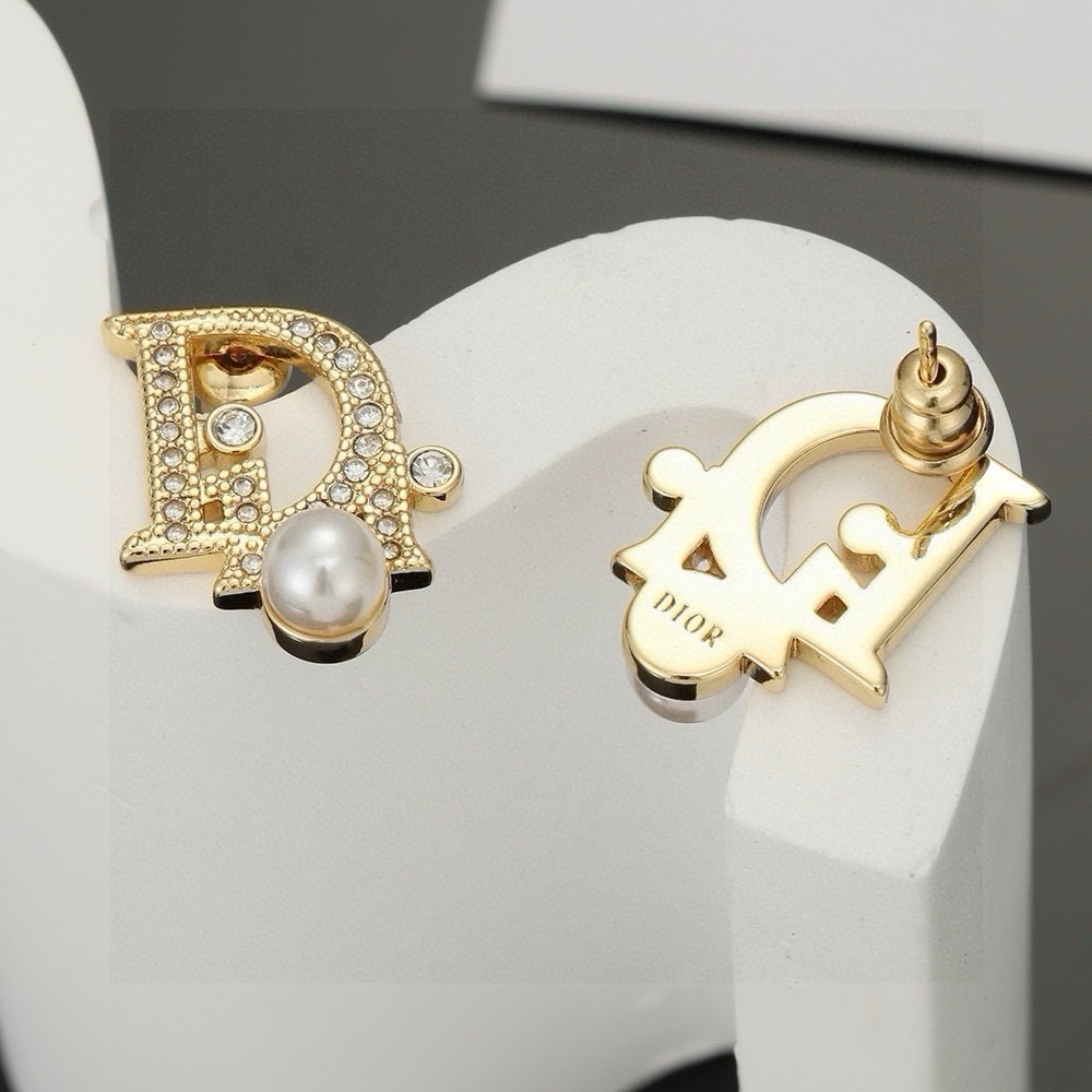 Dior CD Logo Pearl Crystal Stud Earrings earrings gold-tone metal clear crystal white pearl 1 5cm x 1 2cm