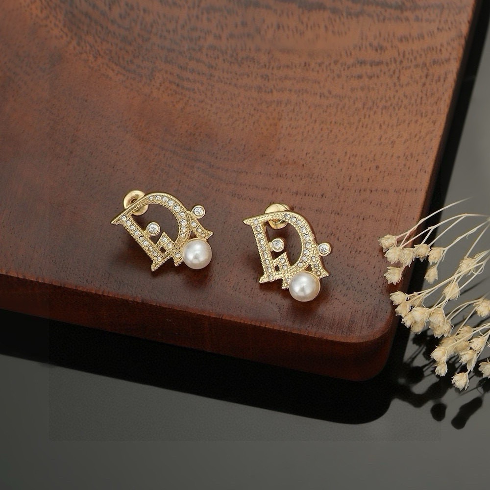 Dior CD Logo Pearl Crystal Stud Earrings earrings Gold-tone metal with clear crystals and white pearl 1 5cm x 1 2cm