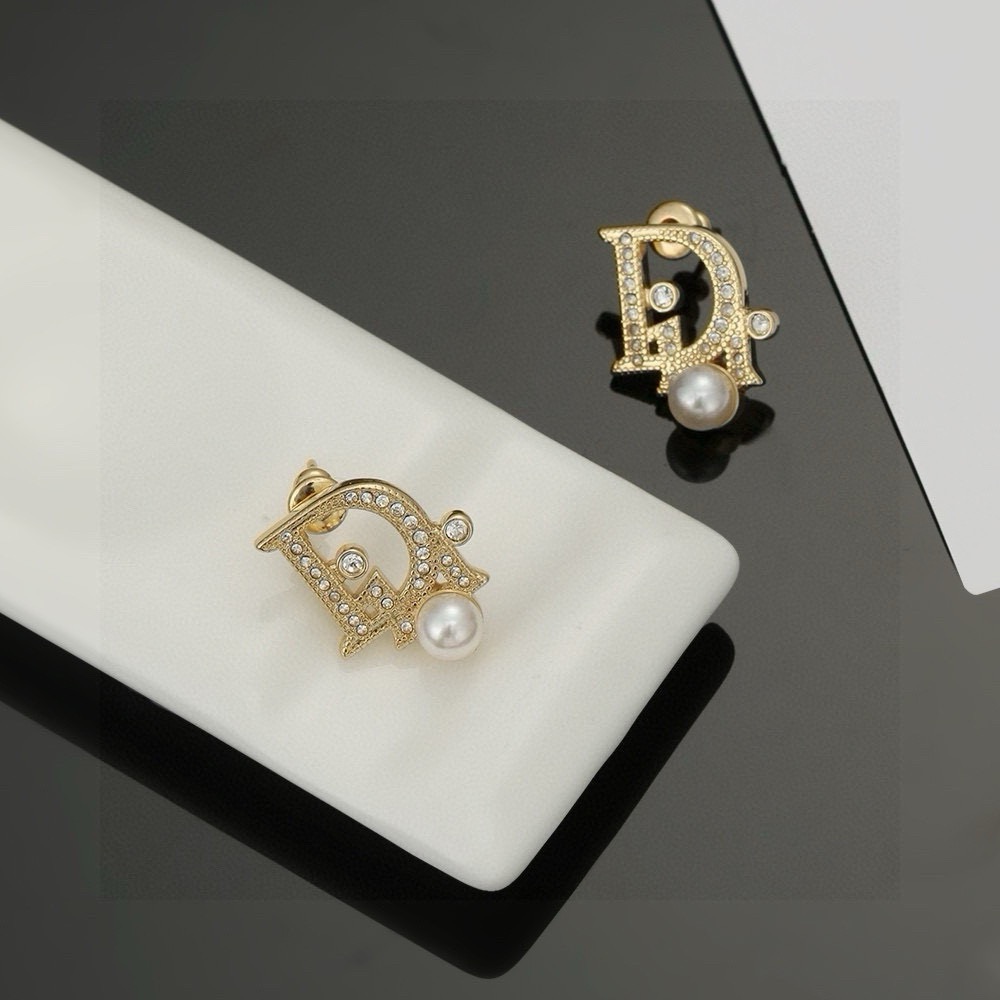 Dior CD Logo Pearl Crystal Stud Earrings earrings Gold-tone metal with clear crystals and white pearl 1 5cm x 1 2cm