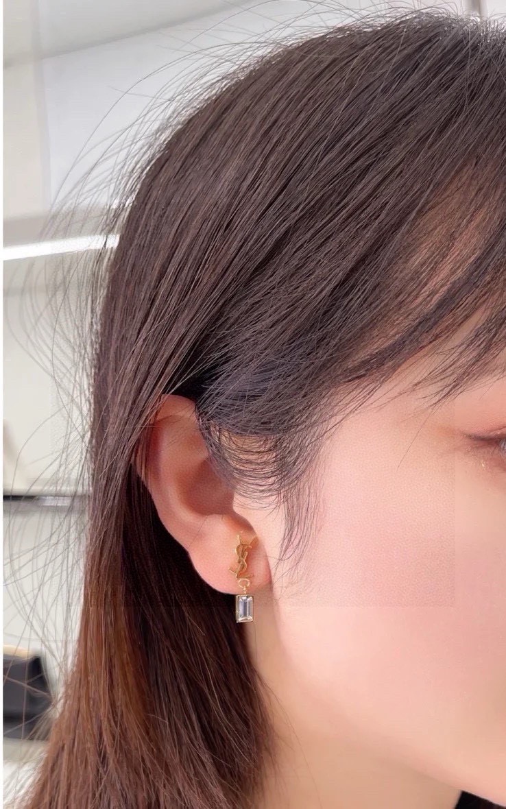 Saint Laurent Cassandre YSL Monogram Baguette Crystal Drop Earrings earrings Gold-tone metal with clear baguette-cut crystals also available in silver-tone metal with clear baguette-cut crystals 2 2cm drop length