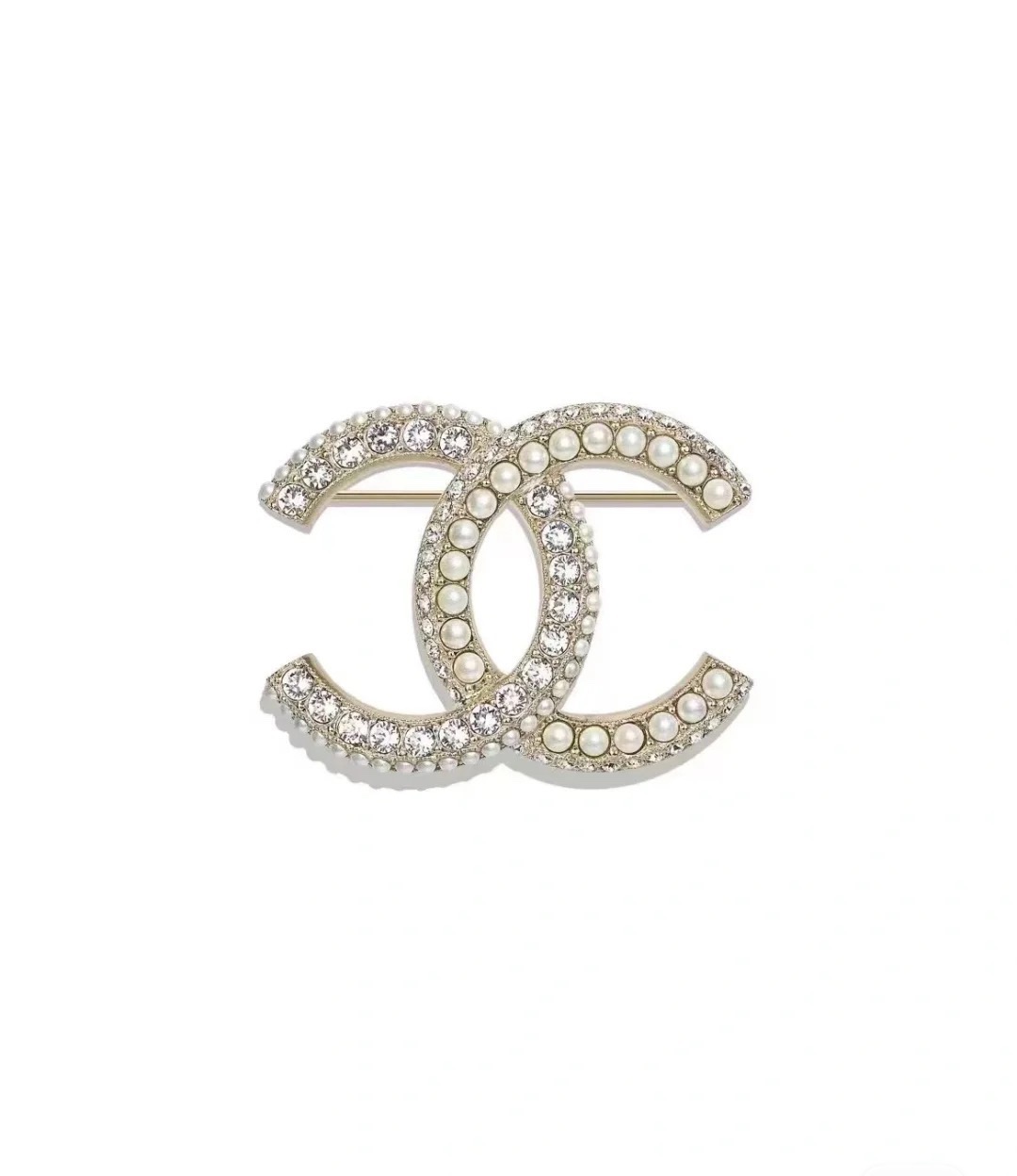 Chanel CC Logo Brooch brooch gold-tone metal white faux pearls clear crystals 3 5cm width