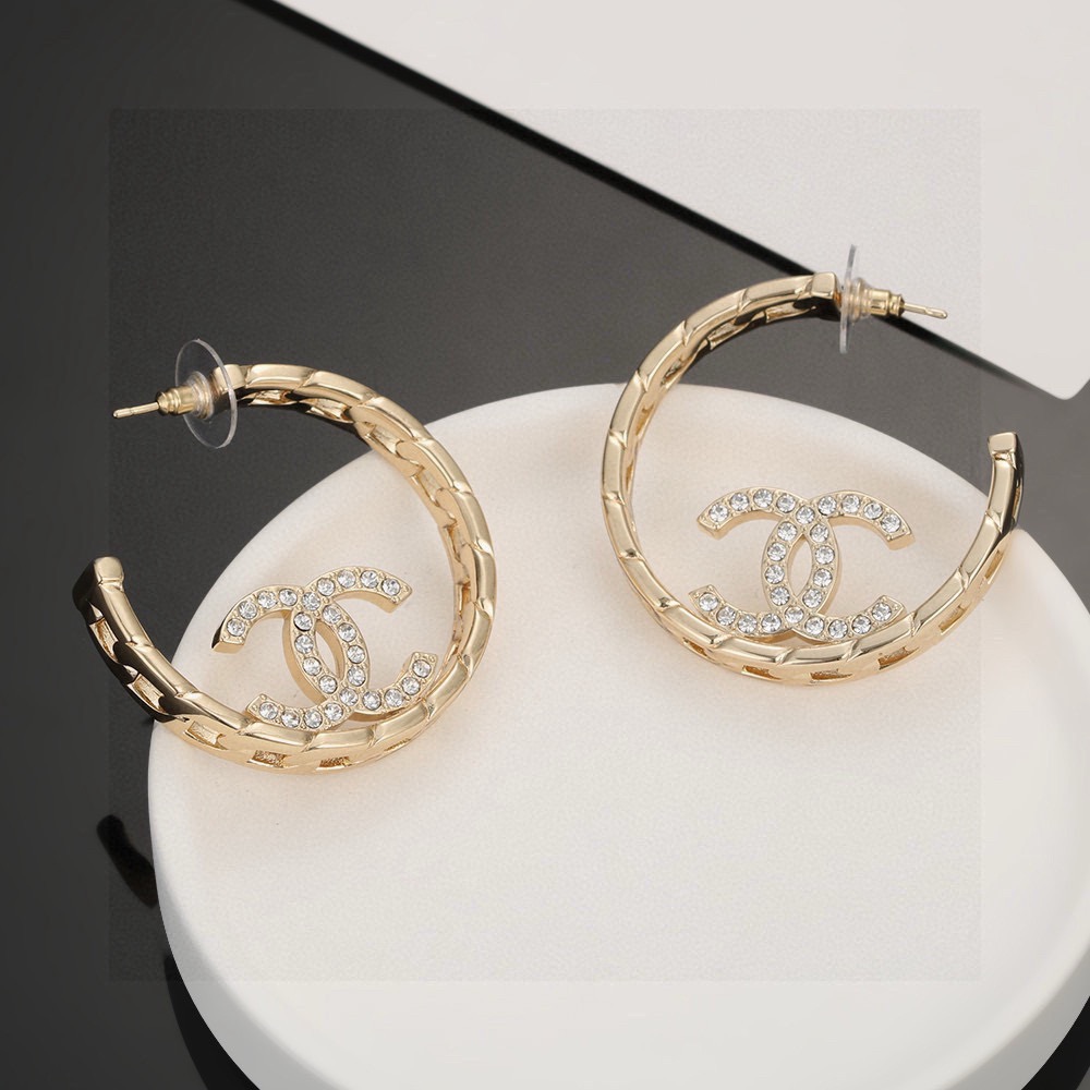 Chanel CC Logo Quilted Crystal Hoop Earrings earrings gold-tone metal with clear crystal accents 4cm diameter