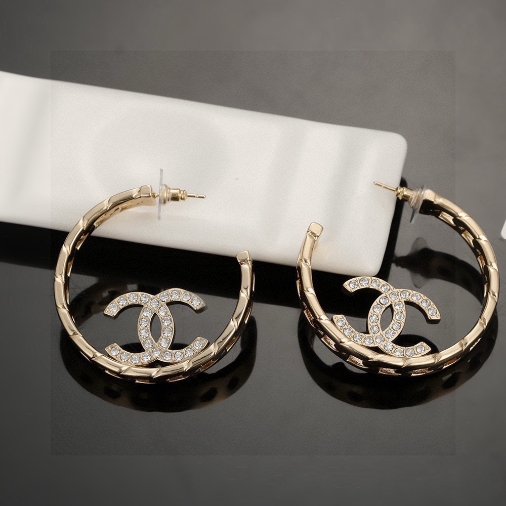 Chanel CC Logo Quilted Crystal Hoop Earrings earrings gold-tone metal with clear crystal accents 4cm diameter