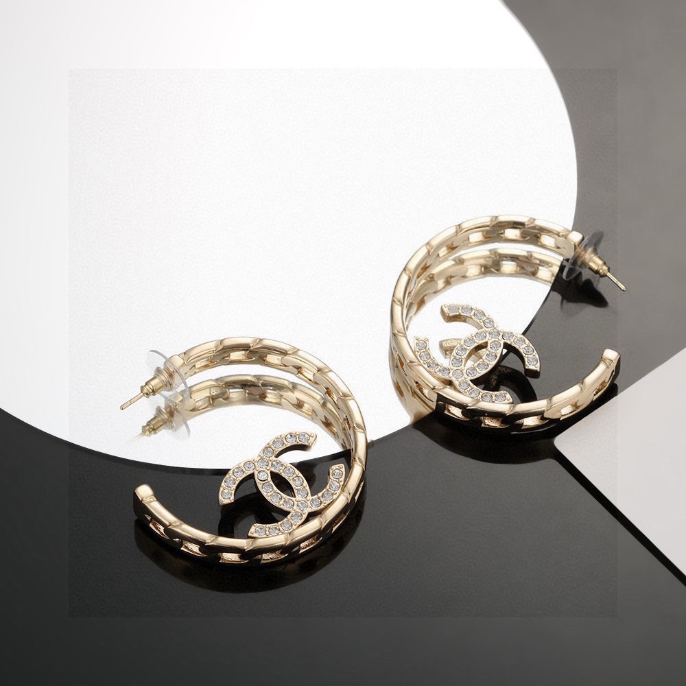 Chanel CC Logo Quilted Crystal Hoop Earrings earrings gold-tone metal with clear crystal accents 4cm diameter