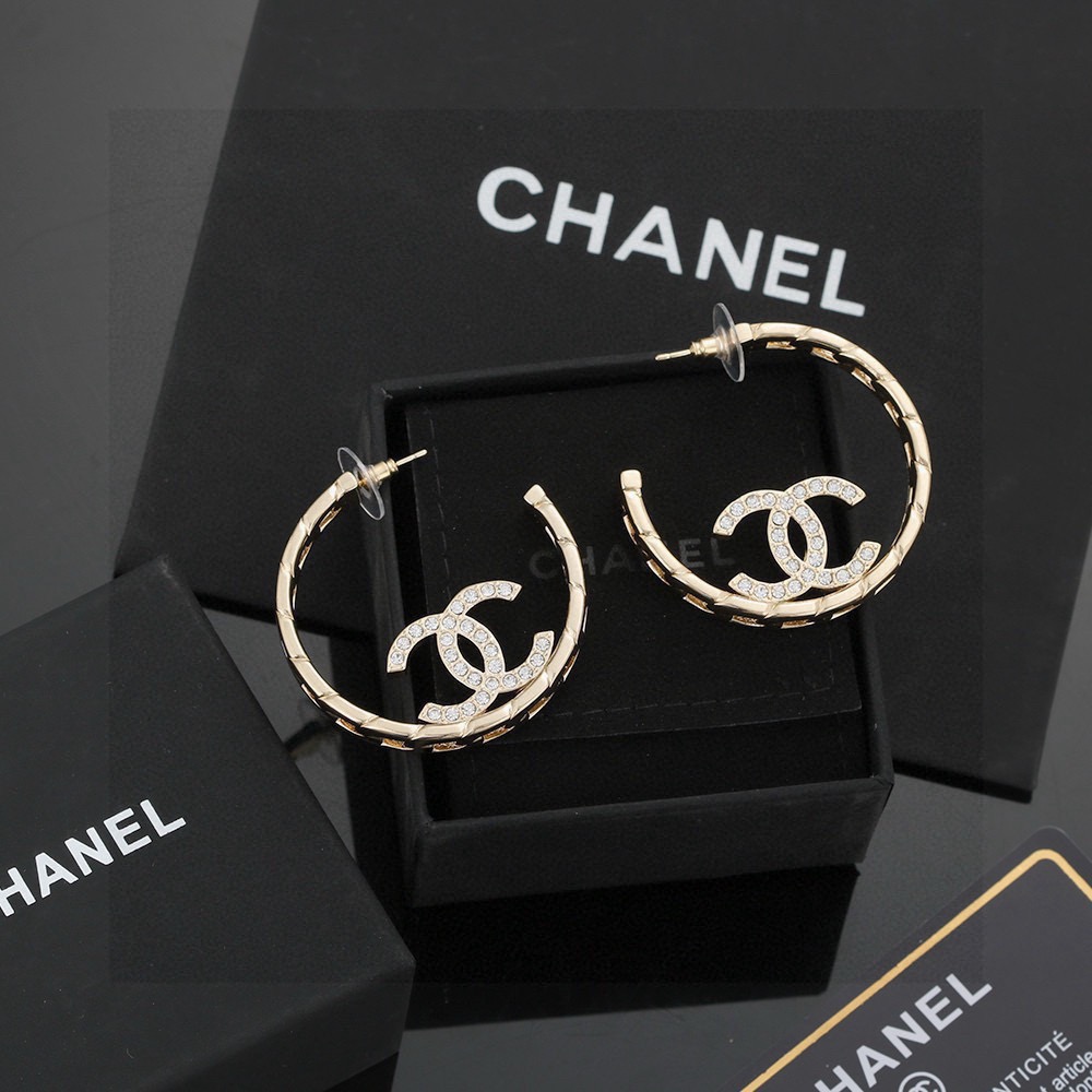 Chanel CC Logo Quilted Crystal Hoop Earrings earrings gold-tone metal with clear crystal accents 4cm diameter