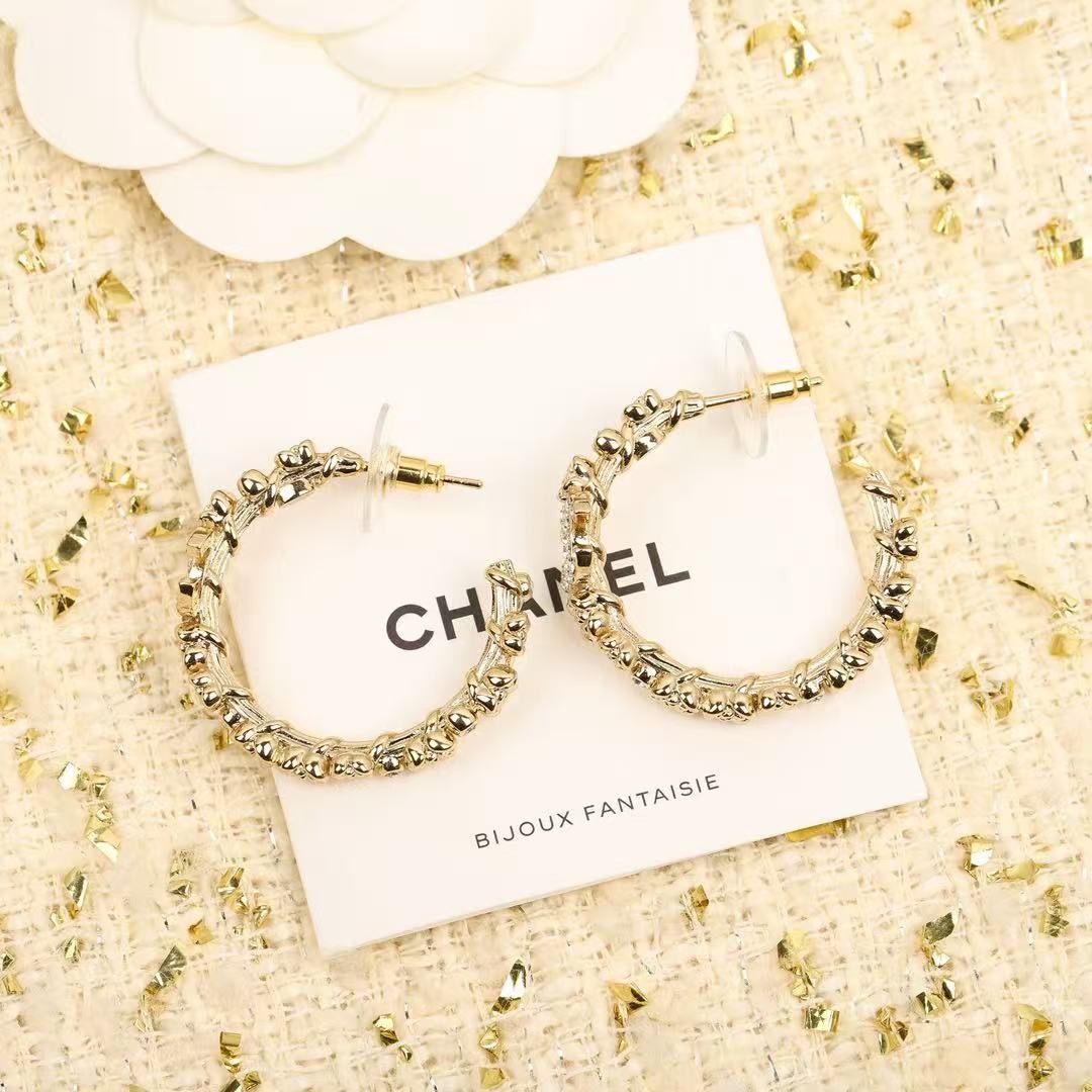 Chanel CC Camellia Crystal Hoop Earrings earrings gold-tone metal with clear crystal accents 4cm diameter