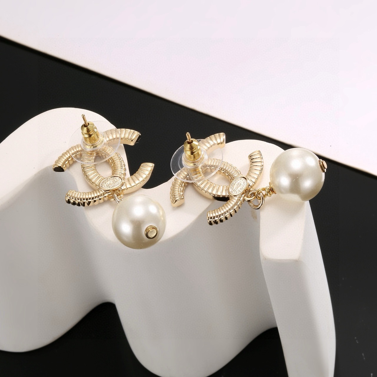 Chanel CC Logo Pearl Drop Earrings earrings Gold-tone metal with clear crystals and white faux pearls One size drop length approx 2 5cm