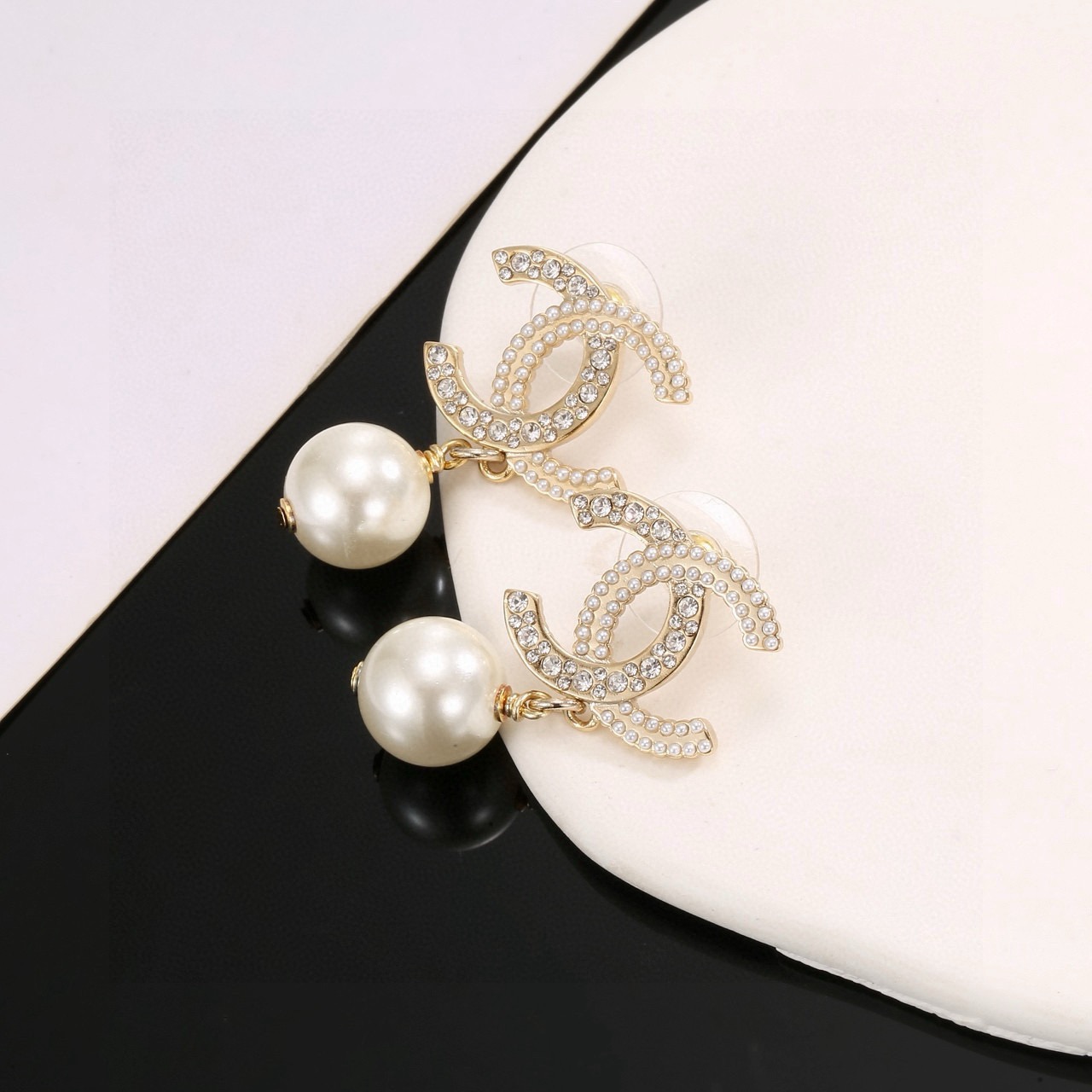 Chanel CC Logo Pearl Drop Earrings earrings Gold-tone metal with clear crystals and white faux pearls One size drop length approx 2 5cm