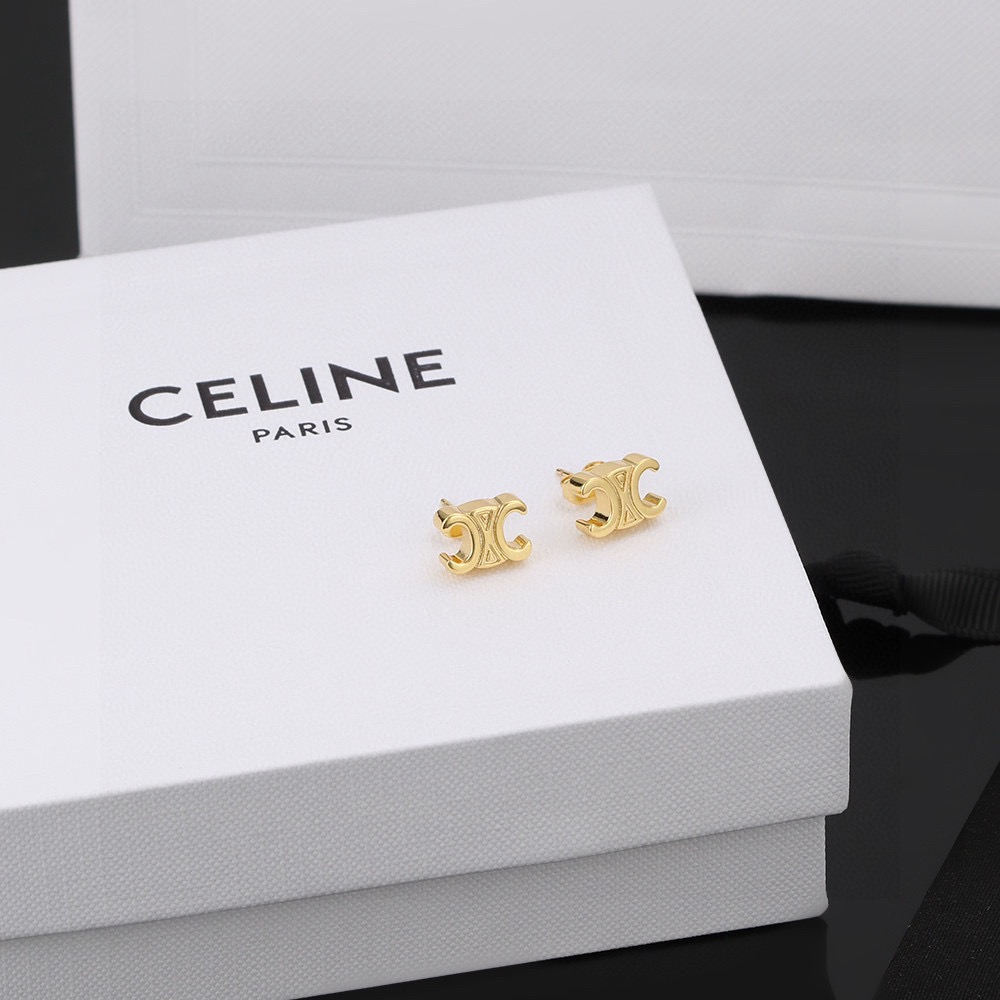 Celine Triomphe earrings gold-tone metal 1cm stud diameter