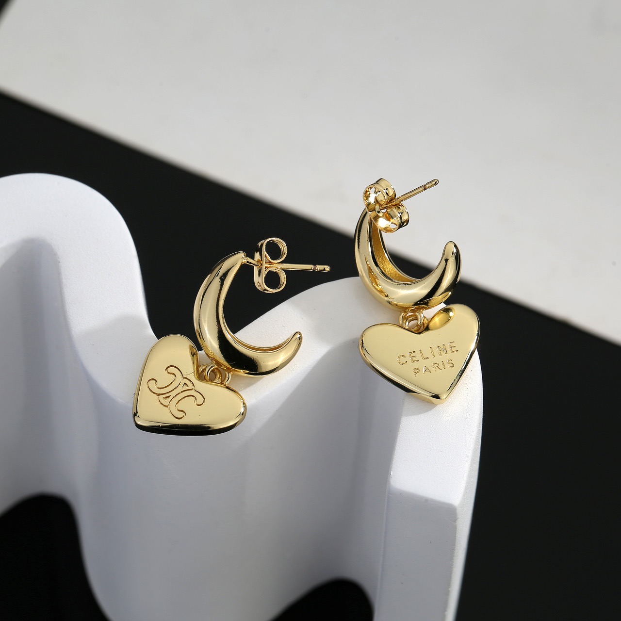 Celine Triomphe Heart Drop Hoop Earrings earrings polished gold-tone metal no accent stones 1 5cm hoop diameter 2 5cm total drop length