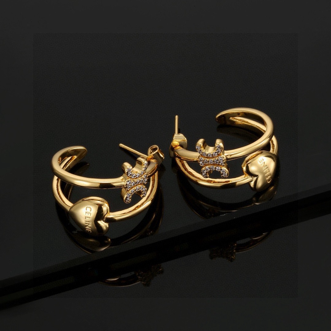 Celine Triomphe Heart Double Hoop Earrings earrings gold-tone metal with clear cubic zirconia accents 1 5cm hoop diameter