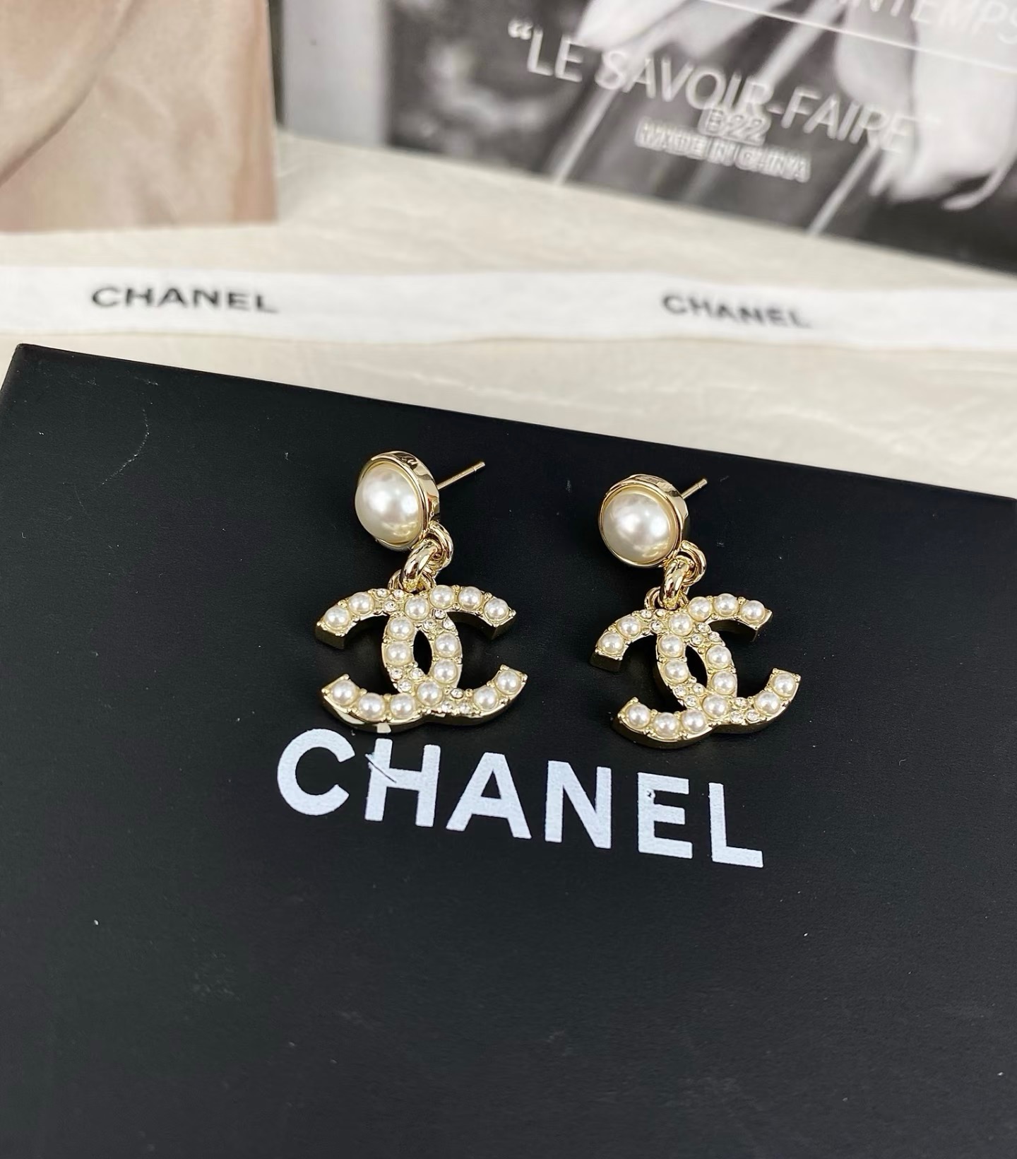 Chanel CC Pearl Crystal Drop Earrings earrings gold-tone metal cream faux pearl clear crystal 3cm drop length