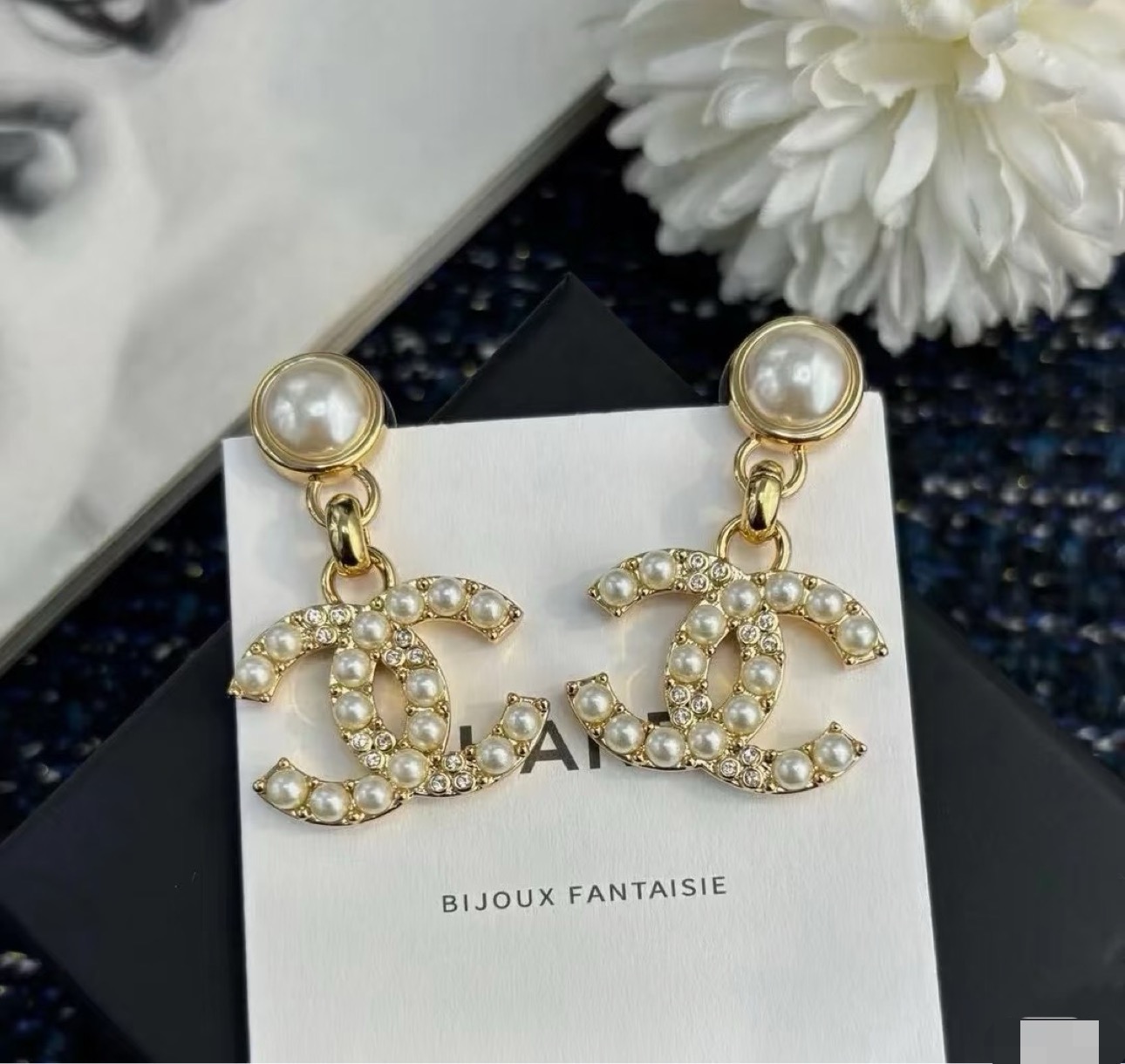 Chanel CC Pearl Crystal Drop Earrings earrings gold-tone metal cream faux pearl clear crystal 3cm drop length