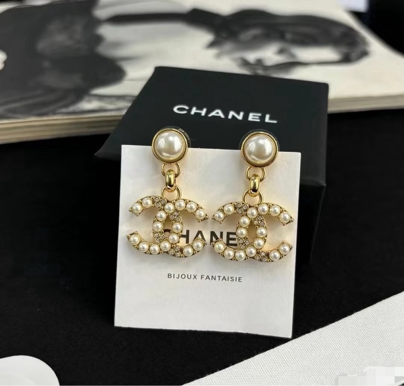 Chanel CC Pearl Crystal Drop Earrings earrings gold-tone metal cream faux pearl clear crystal 3cm drop length
