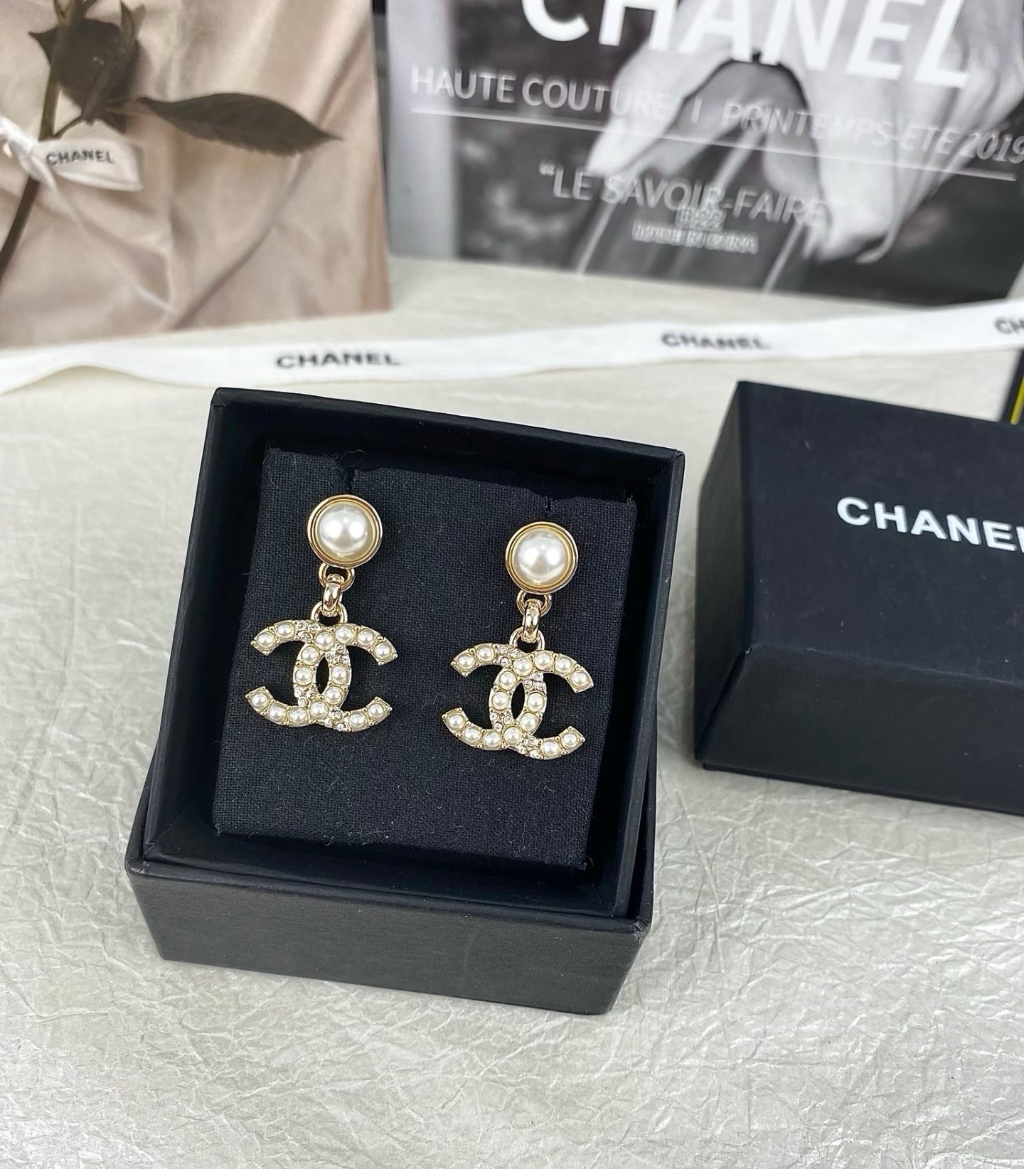 Chanel CC Pearl Crystal Drop Earrings earrings gold-tone metal cream faux pearl clear crystal 3cm drop length