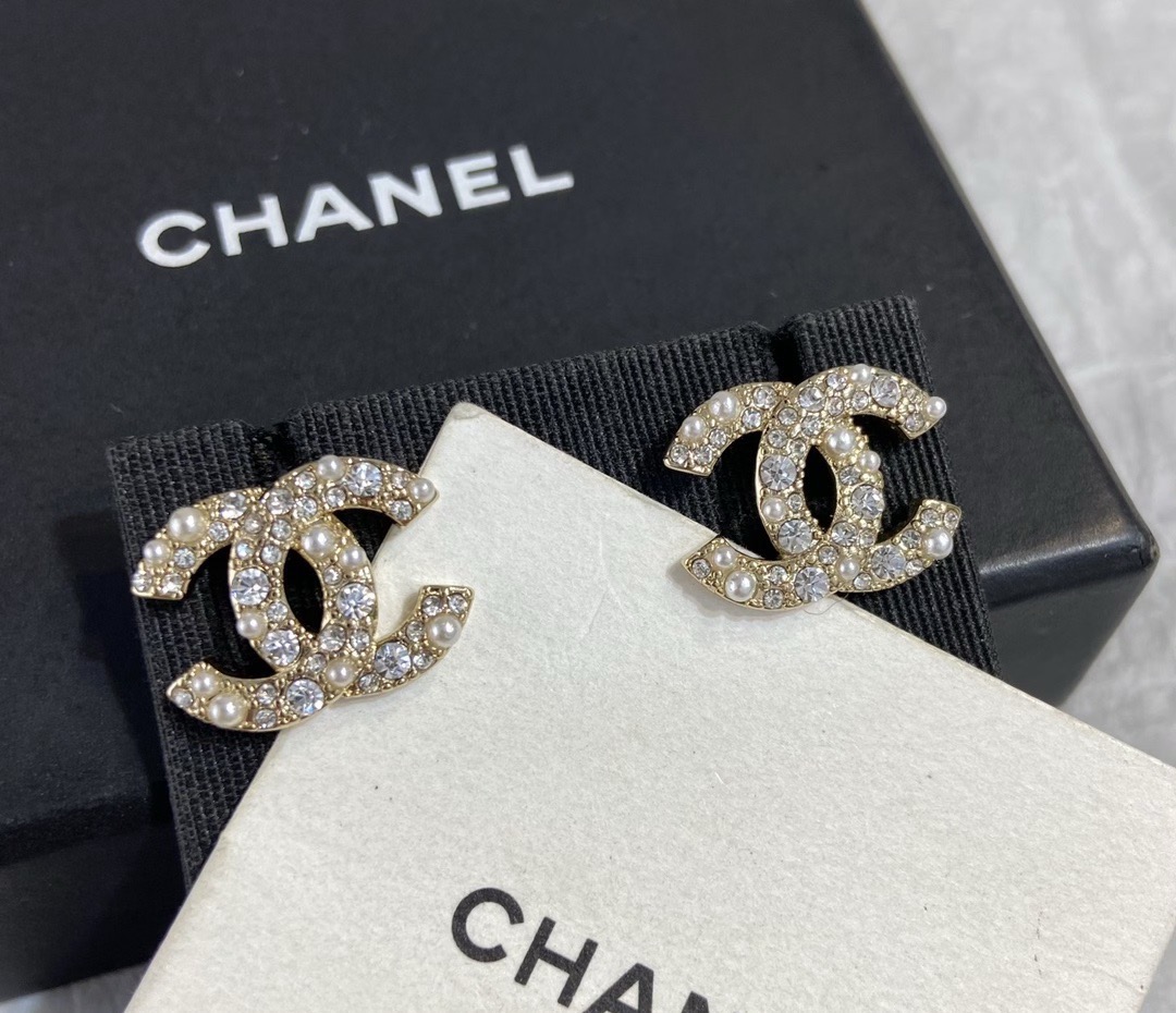 Chanel CC Logo Stud Earrings earrings gold-tone metal with clear crystals and white faux pearls 1 2cm stud diameter