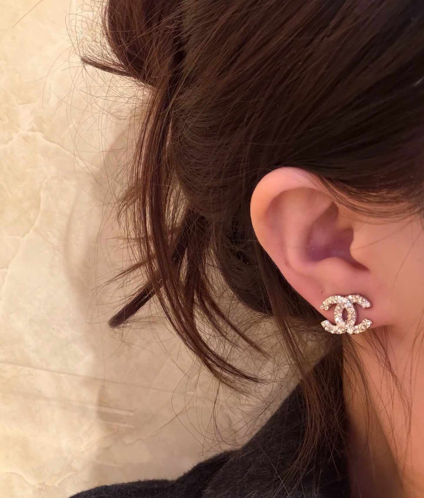 Chanel CC Logo Stud Earrings earrings gold-tone metal with clear crystals and white faux pearls 1 2cm stud diameter