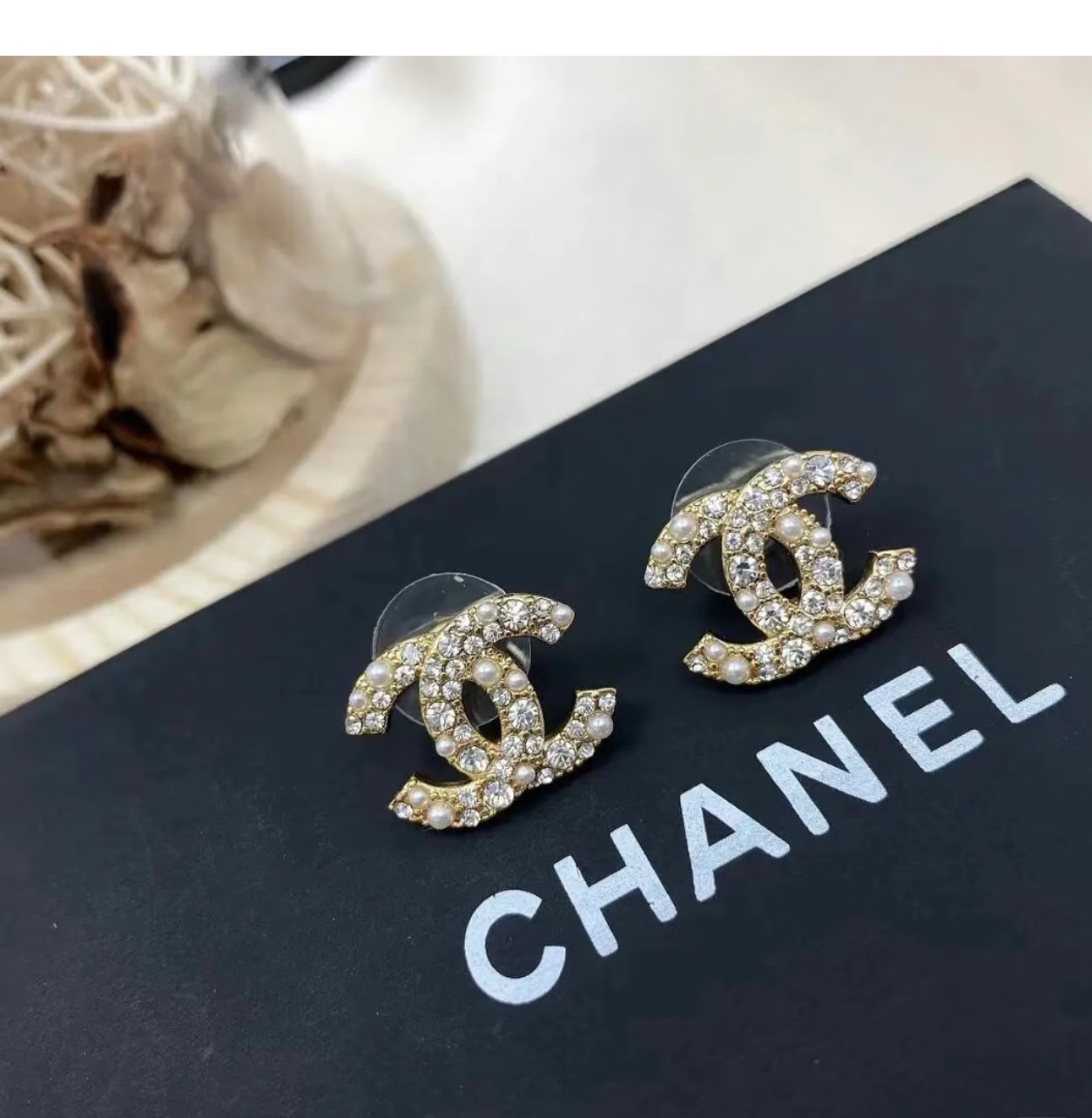 Chanel CC Logo Stud Earrings earrings gold-tone metal with clear crystals and white faux pearls 1 2cm stud diameter