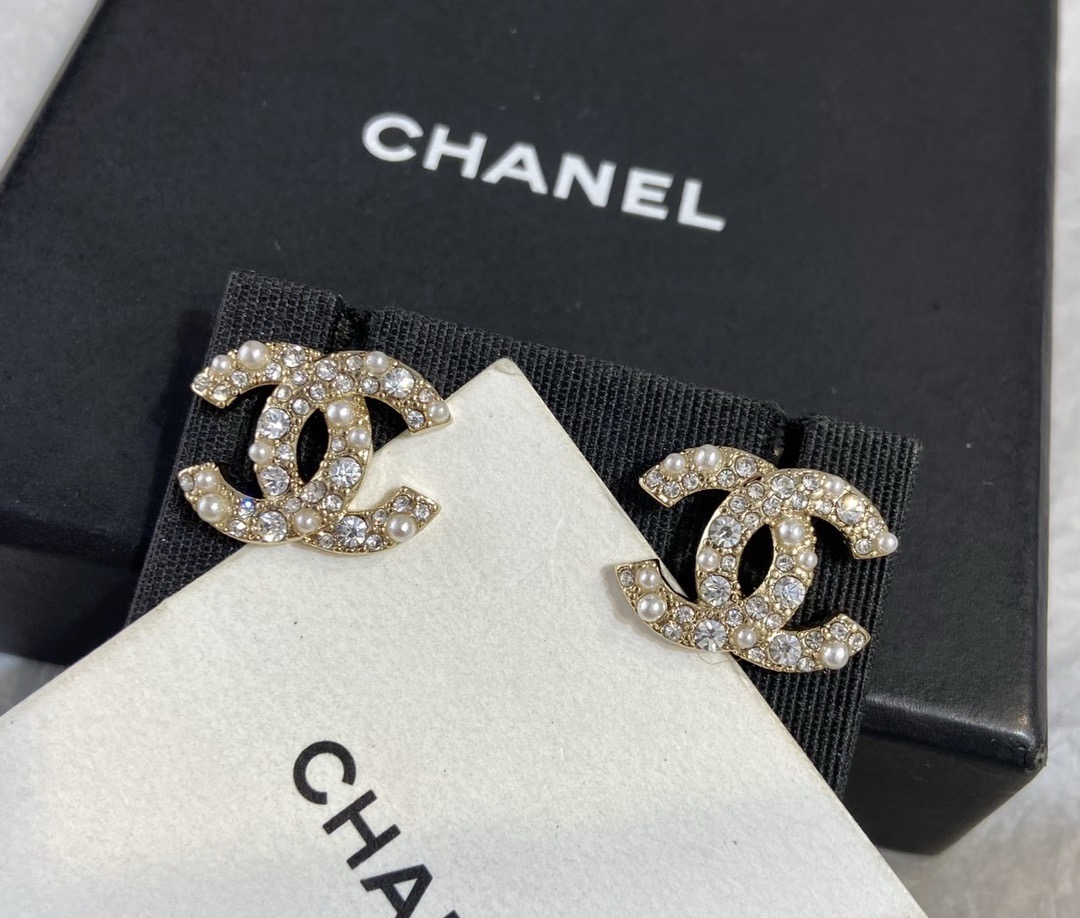 Chanel CC Logo Stud Earrings earrings gold-tone metal with clear crystals and white faux pearls 1 2cm stud diameter