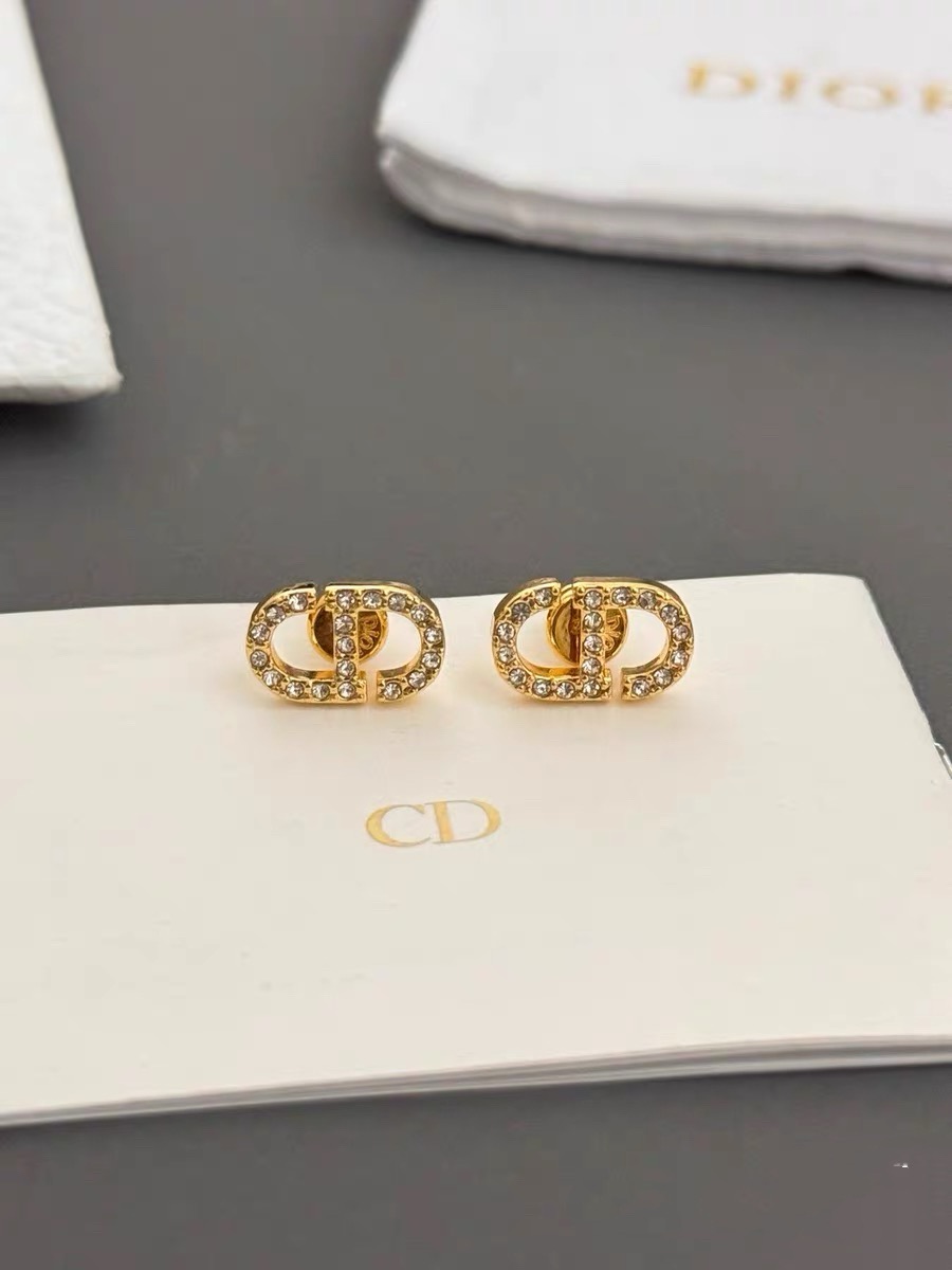 Dior Petit CD earrings gold-tone metal with clear crystal accents 1 2cm stud diameter